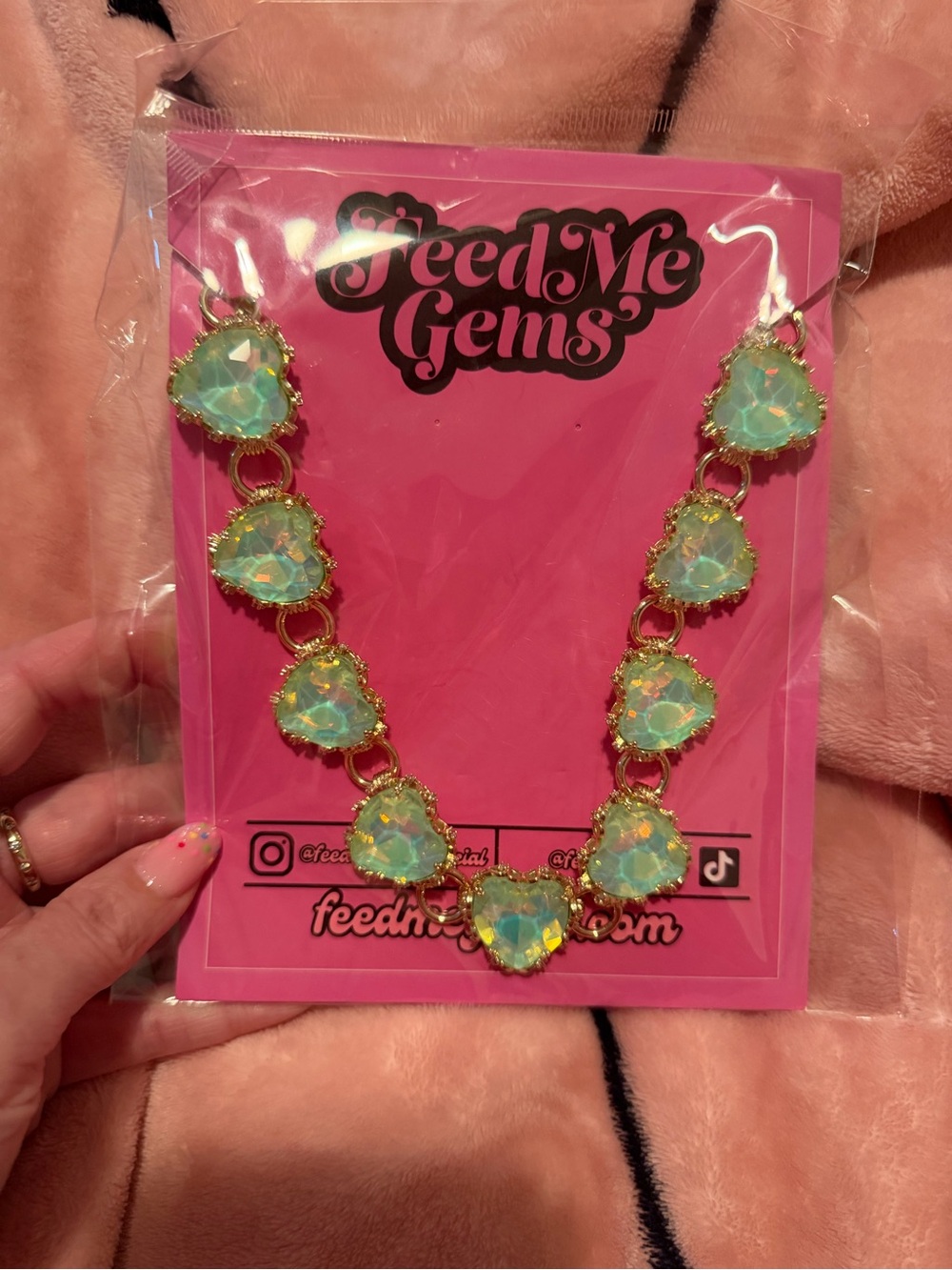 Feed Me Gems pistachio iridescent heart necklace